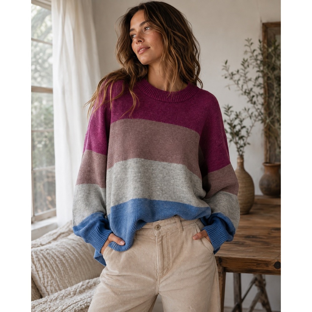 A New Day Womens Striped Crewneck Oversized Knit Sweater Plum Blue Grey Size M